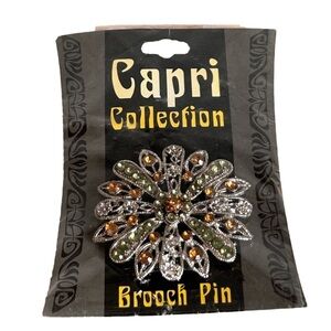 Capri Collection  Vintage Pin Brooch Silver Tone Faux Amber And Green Stones 2”